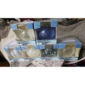 NIB 6 Traditions Hand Blown Glass Oil Lamp Set Round White Blue Green Clear Lot